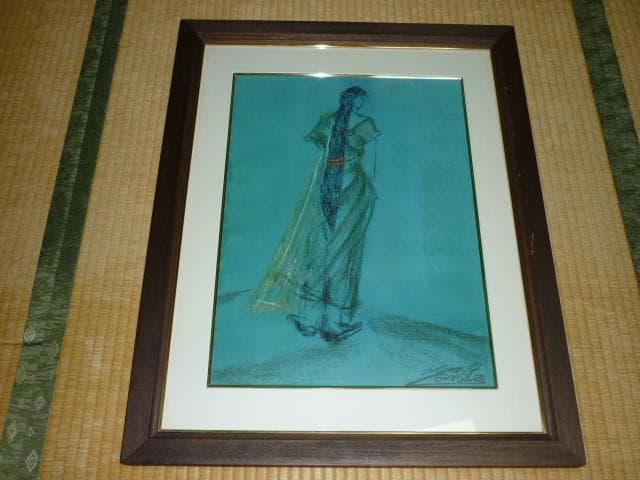 美品1980年代作 真作（一点もの）木製額装◆安藤岬「黄色のストール」パステル画