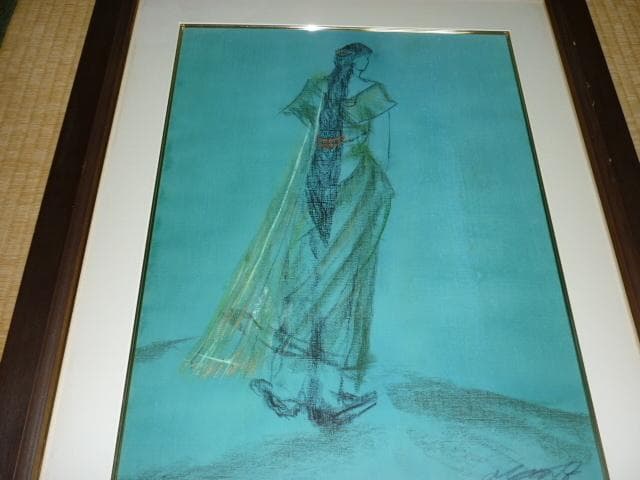 美品1980年代作 真作（一点もの）木製額装◆安藤岬「黄色のストール」パステル画