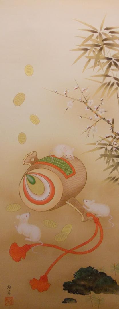 掛け軸 鵜飼雄平 来福小槌開運図 絹本 希少 軸装 茶道具 掛軸 美品 です。