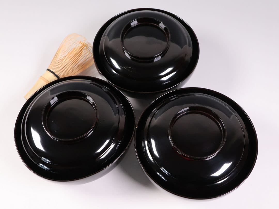 【CM414】輪島塗 松竹梅 金蒔絵 木瓜形 黒塗椀 三客 天然木漆塗 漆器