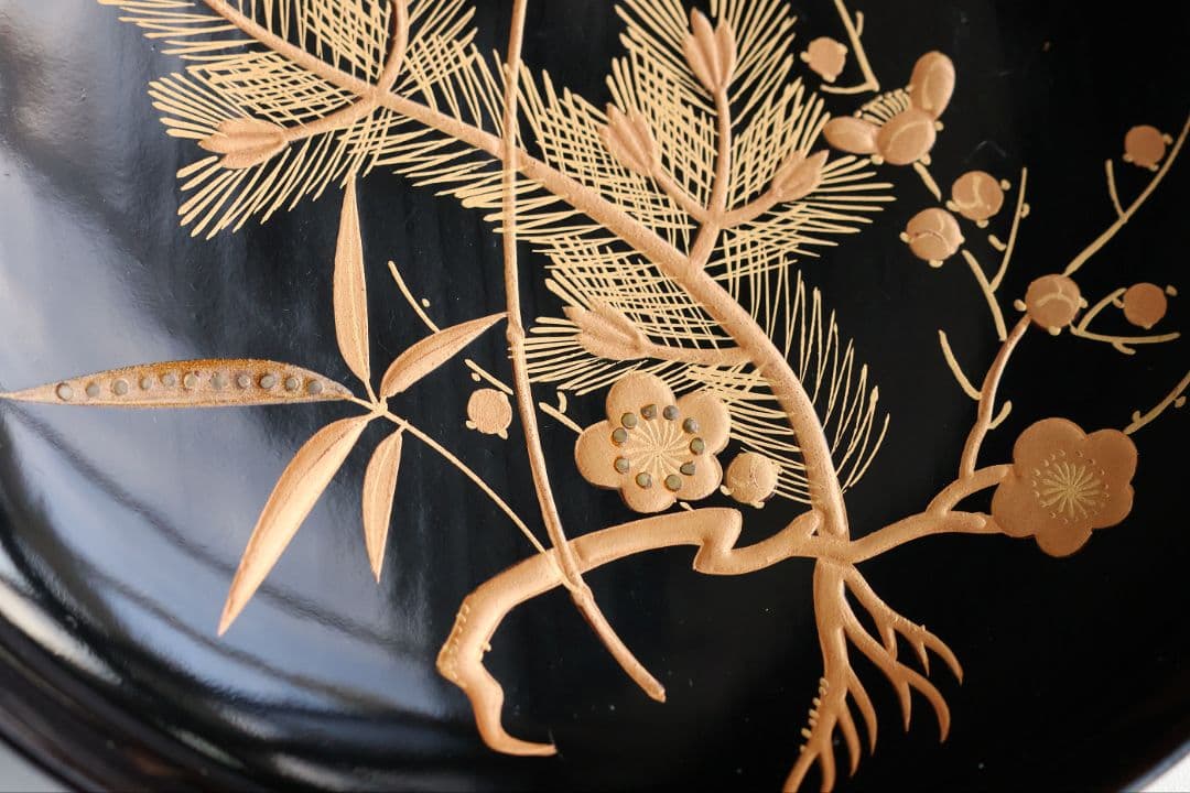 【CM414】輪島塗 松竹梅 金蒔絵 木瓜形 黒塗椀 三客 天然木漆塗 漆器