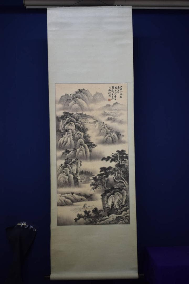 真作/月敬濤/楼閣山水画賛/布袋屋掛軸HG-685