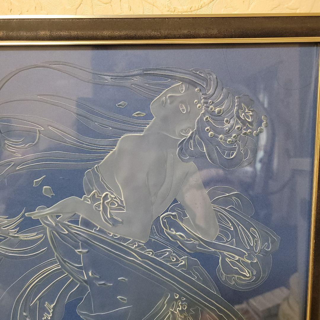 エッチング ガラス彫刻　ヴィンテージアート工芸品　額入り　ミュシャの絵モチーフ