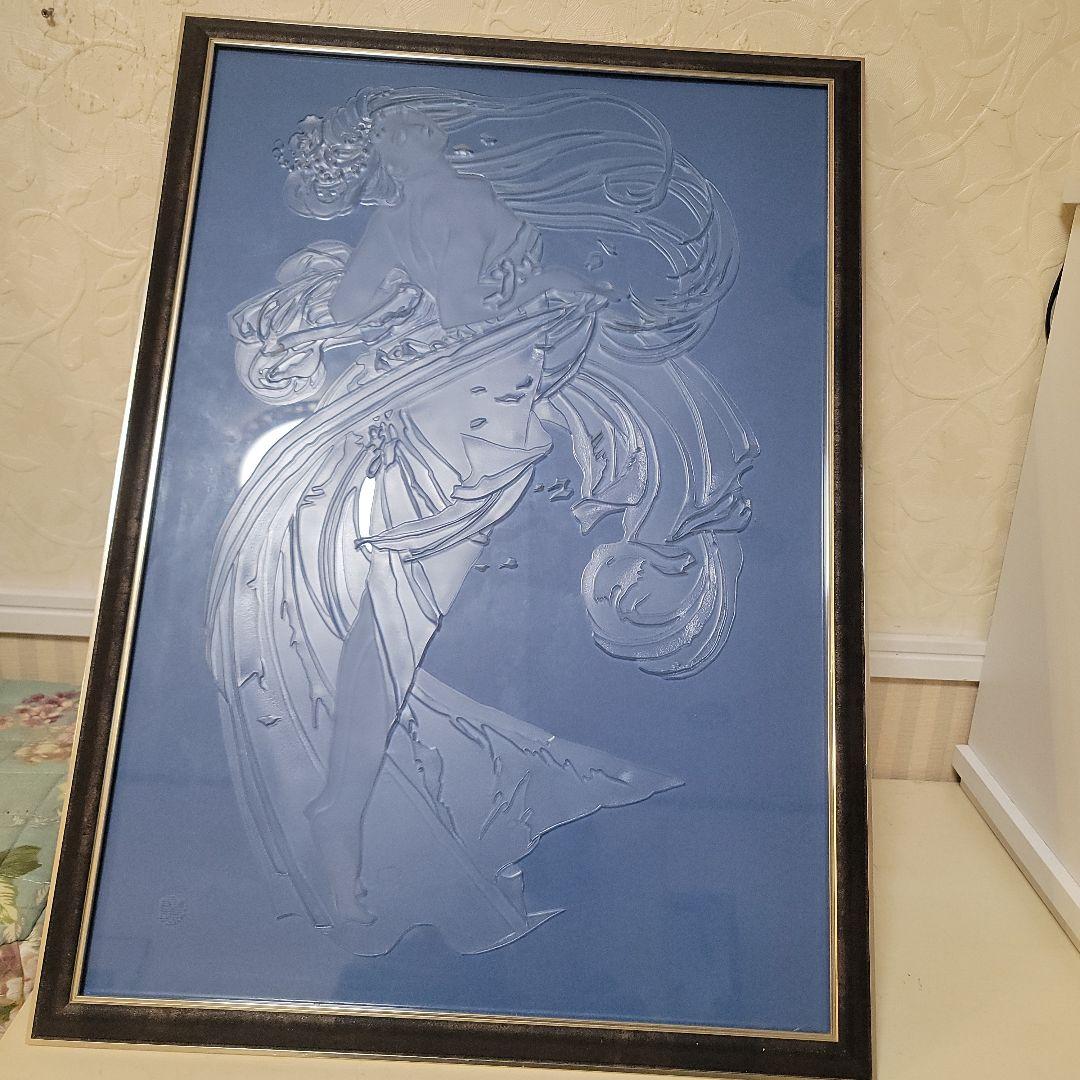 エッチング ガラス彫刻　ヴィンテージアート工芸品　額入り　ミュシャの絵モチーフ