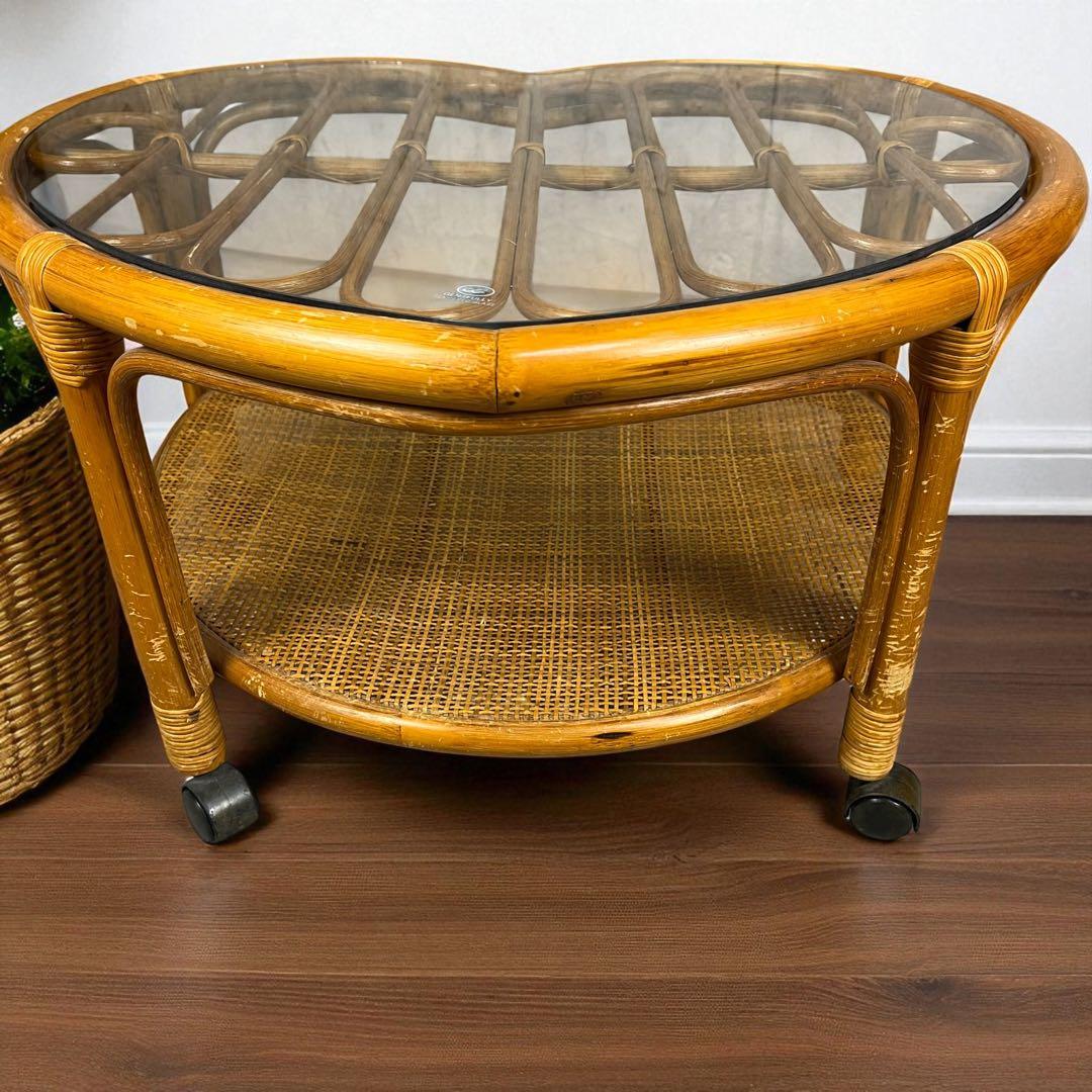 【希少】ハート型　ラタン　ガラス　テーブル　アンティーク　家具　レトロインテリア