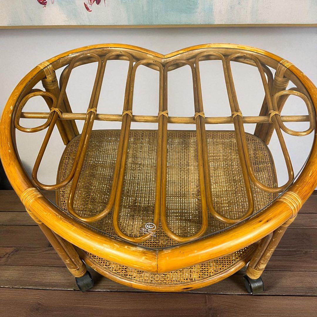 【希少】ハート型　ラタン　ガラス　テーブル　アンティーク　家具　レトロインテリア