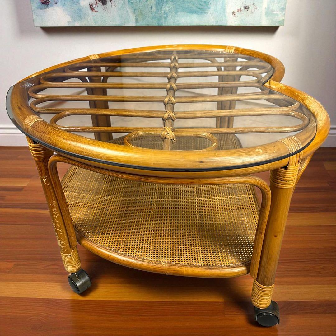 【希少】ハート型　ラタン　ガラス　テーブル　アンティーク　家具　レトロインテリア