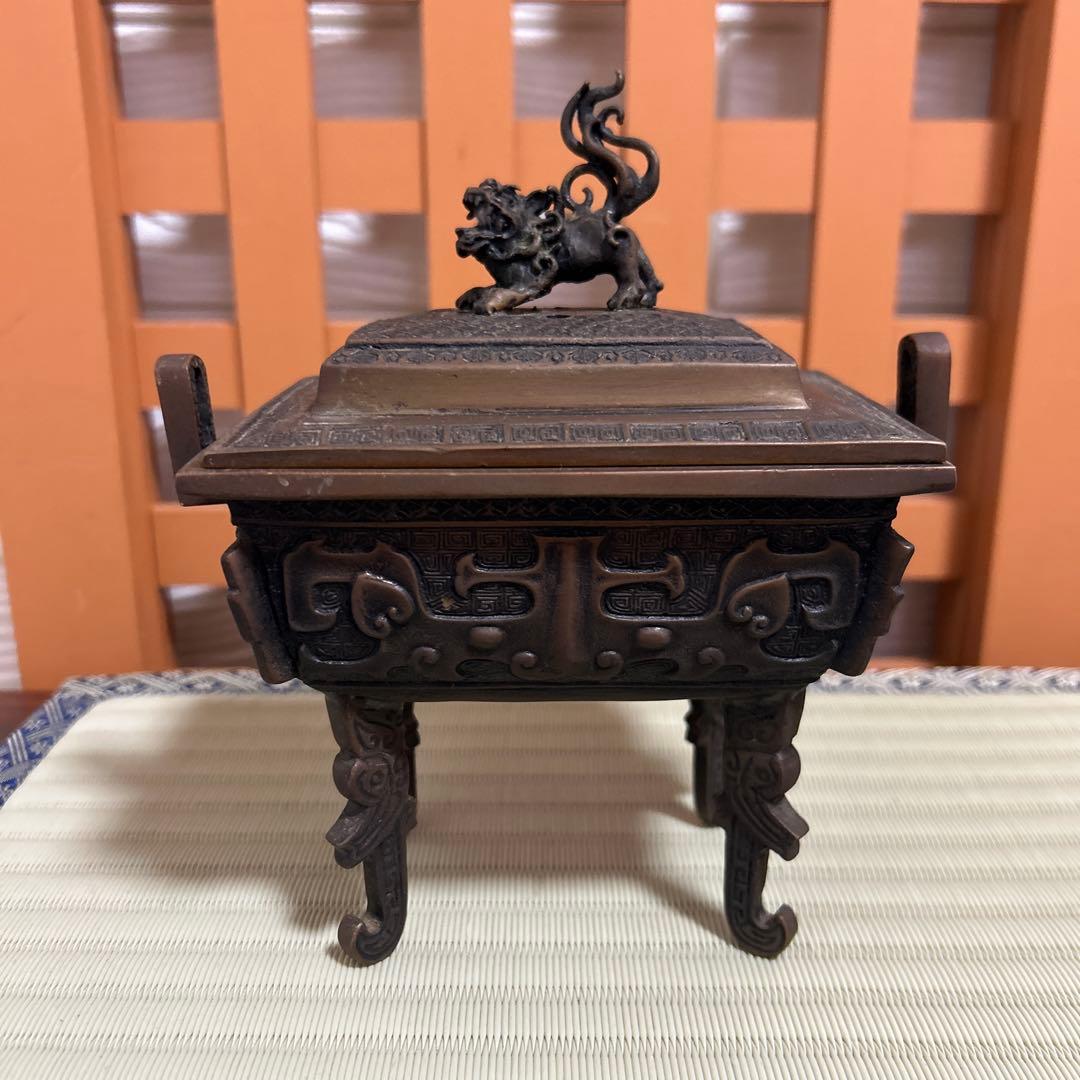 高岡銅器　米田陵山作　鋳銅　獅子摘　四方香炉