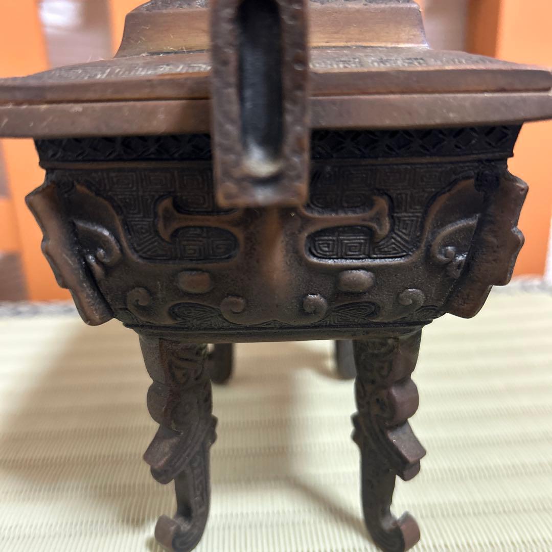 高岡銅器　米田陵山作　鋳銅　獅子摘　四方香炉