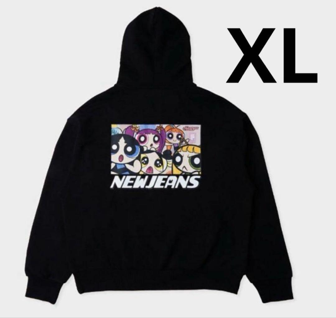 NewJeansパワーパフガールズ プリント フード付きパーカー ブラック XL