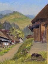 【真作】絵画　長生玲子　油彩3号　五十沢の春　茅葺き古民家と桜が彩る郷愁　Y86
