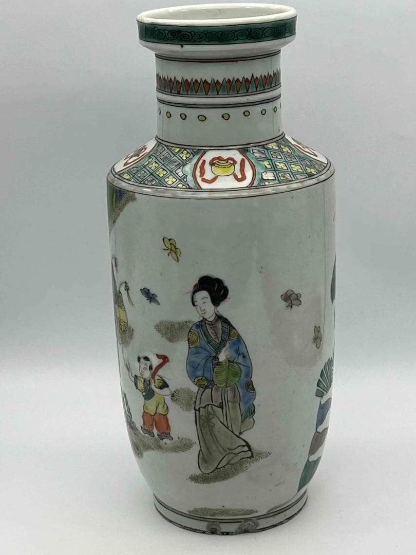 清時代 康熙五彩人物物語文瓶　西廂記棒槌瓶 花瓶(E-74)