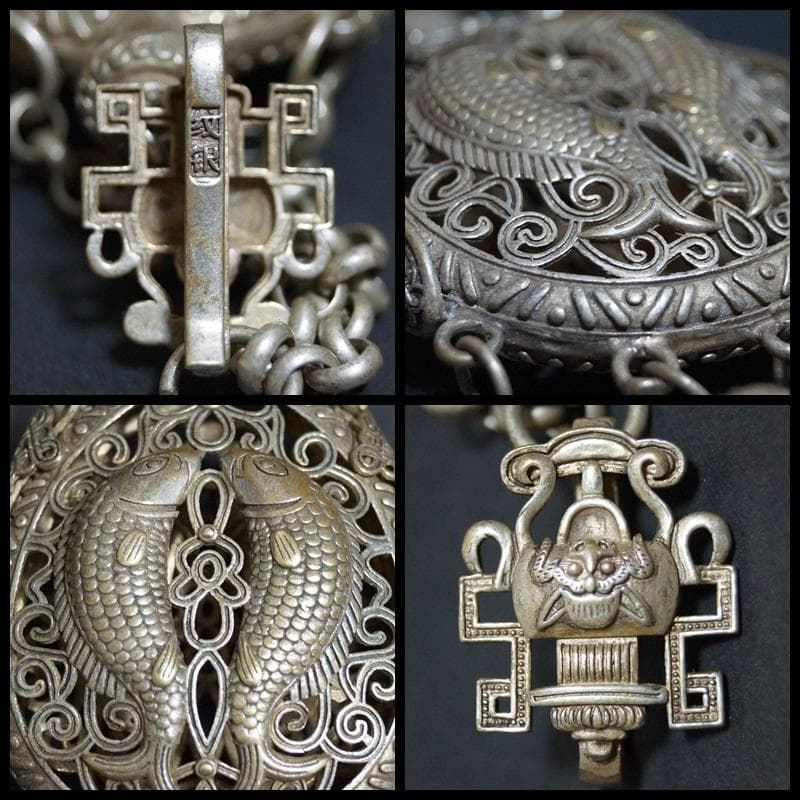 清 銀細工 透かし彫り『双魚祥瑞文』香入 香囊 紋銀在銘 鈴根付 提げ物 装飾品