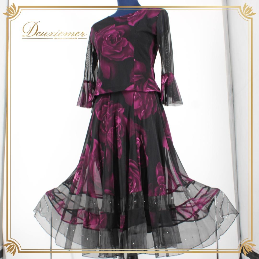 【美品 社交ダンス衣装】上下セット トップス スカート 黒 紫 ブラック 花柄