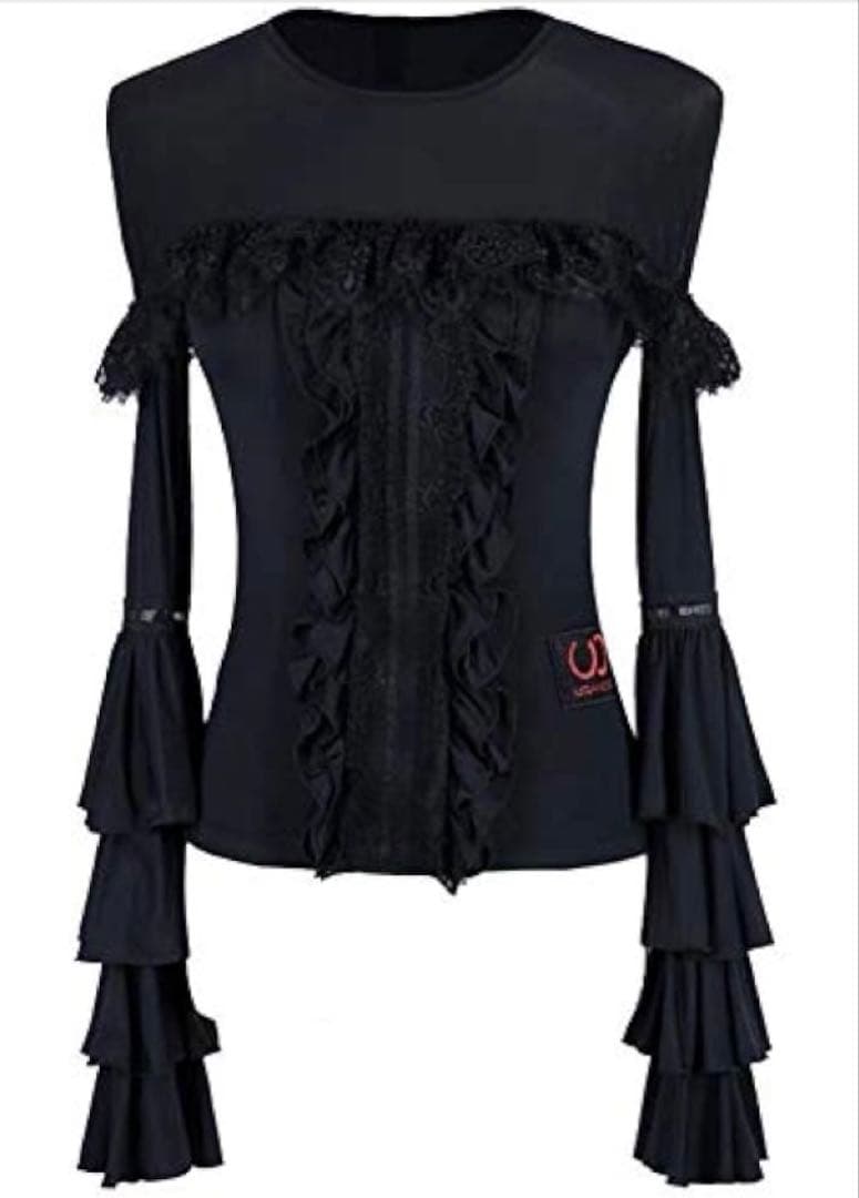 フリル付き長袖トップス 黒 衣装 練習着 S ストレッチ
