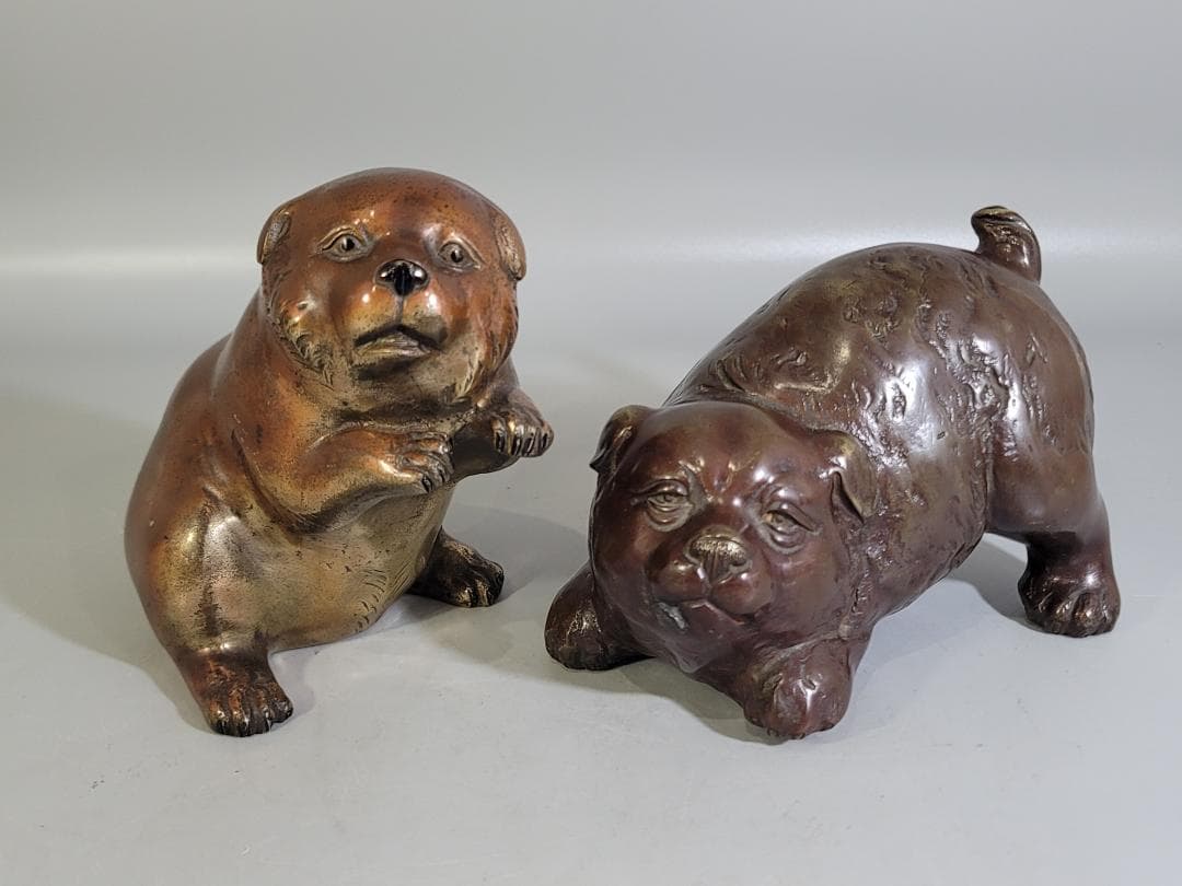可愛い 遊 犬 置物 銅製 二件 DT592