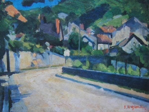 硲伊之助、村の入口、希少画集画、新品高級額、額装付、状態良好、油彩 風景