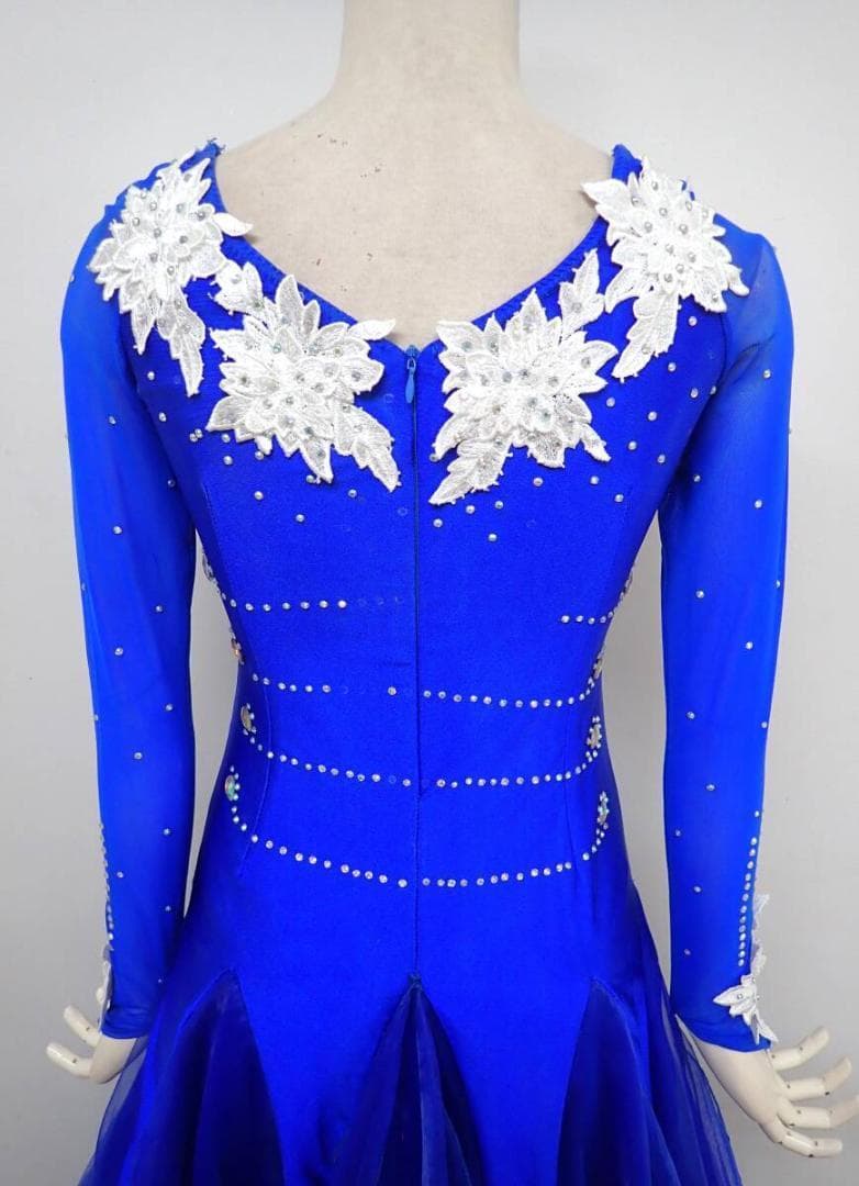 B1444★SMサイズ★青×白/花モチーフ/スタンダードドレス☆社交ダンス