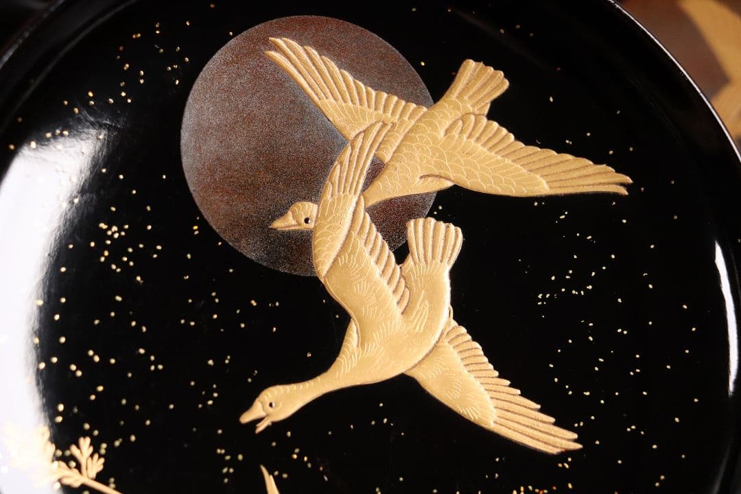 CL64 加賀蒔絵 月に雁 金蒔絵 黒塗煮物椀 五客 木製漆器 梨地 鳥 芦