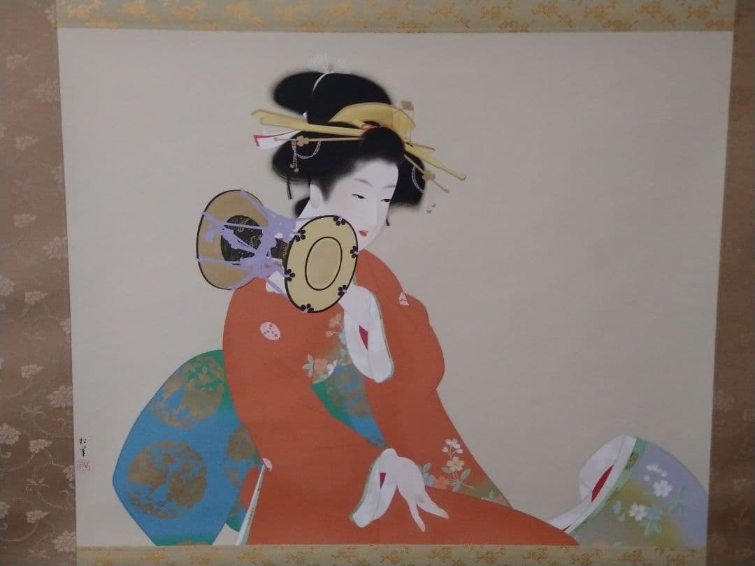 美品 掛け軸 上村松園筆「鼓の音」美人画 版画 限定品