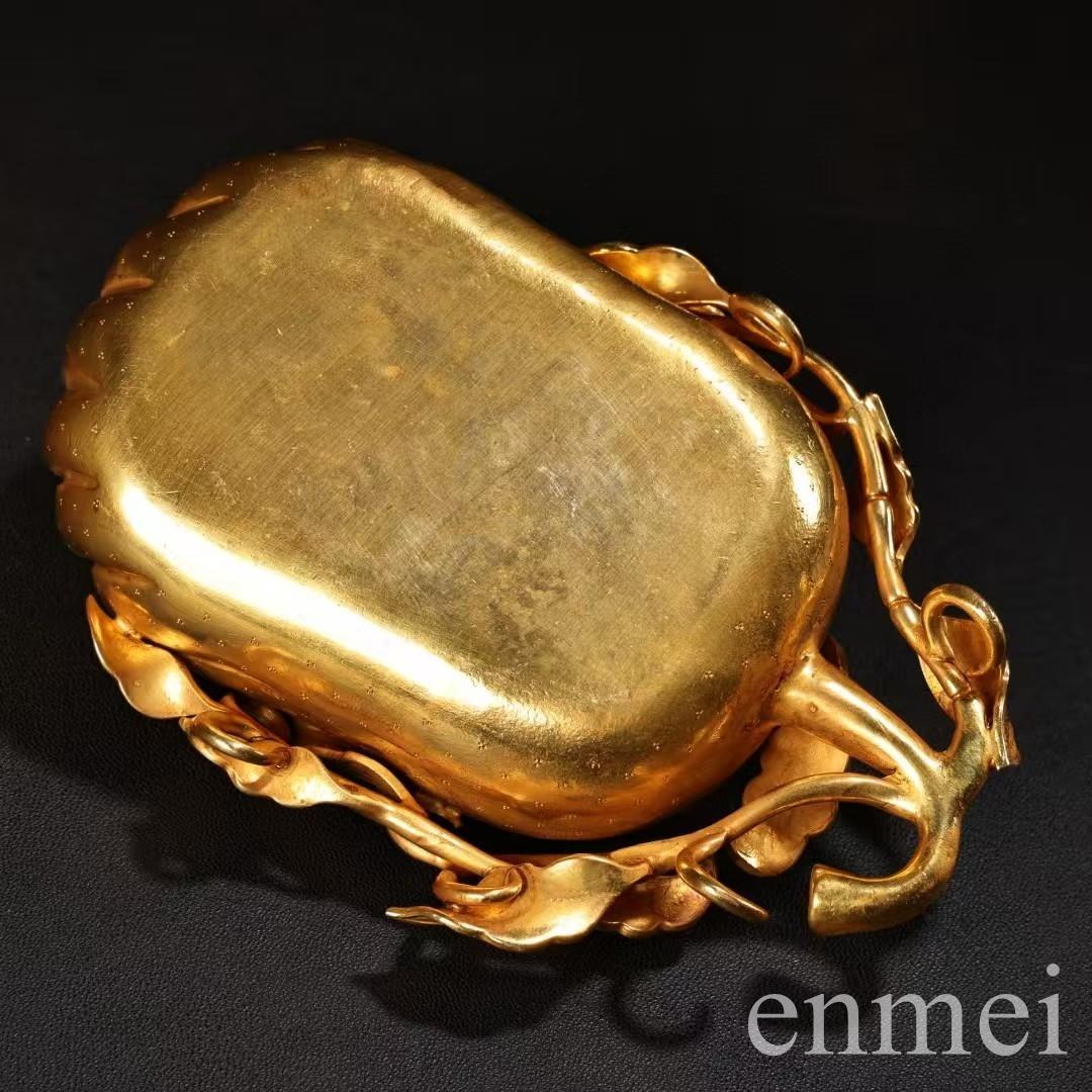 中国古美術・旧蔵鎏金の福瓜型文房筆洗水洗・純手作り・純銅製・置物・箱付き・案頭