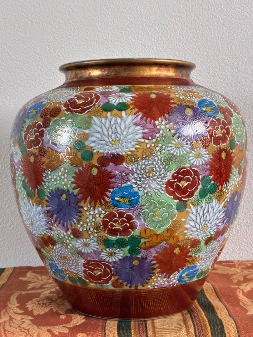 伝統工芸＊九谷焼＊九谷春洋＊壺＊花瓶＊多色花柄金彩＊大きい＊和置物＊美品