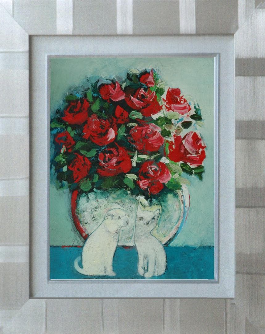 油絵 菅家令子 絵 絵画 インテリア uF6-070619 可愛い子猫と子犬