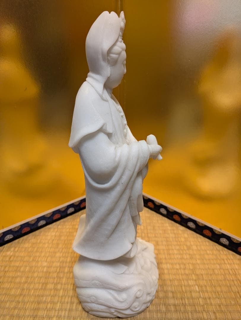 古美術　彫刻　石彫　大理石風　観音様　立像　木台付