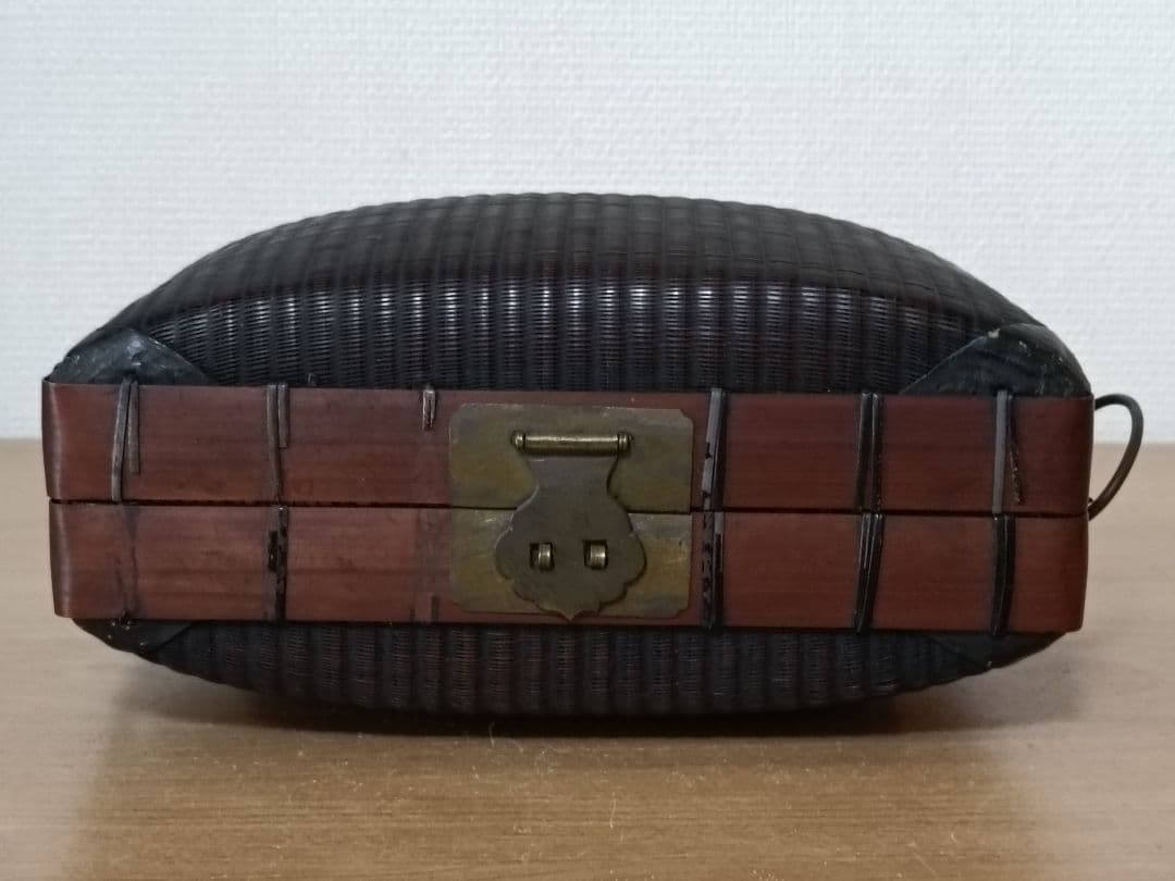 古い 弁当箱 竹編み 銅金具 　箸 網袋 木箱付