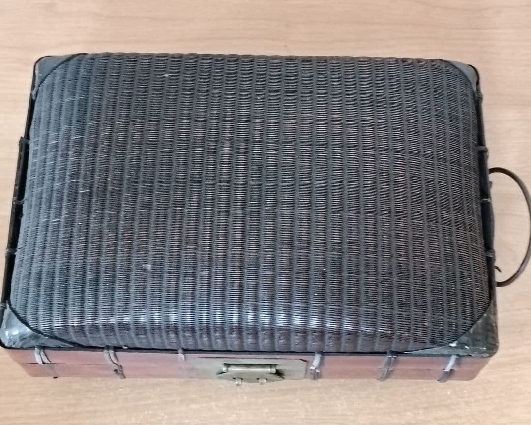 古い 弁当箱 竹編み 銅金具 　箸 網袋 木箱付