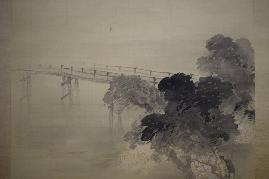 真作/古市金峨/月下山水橋図/布袋屋掛軸HI-374