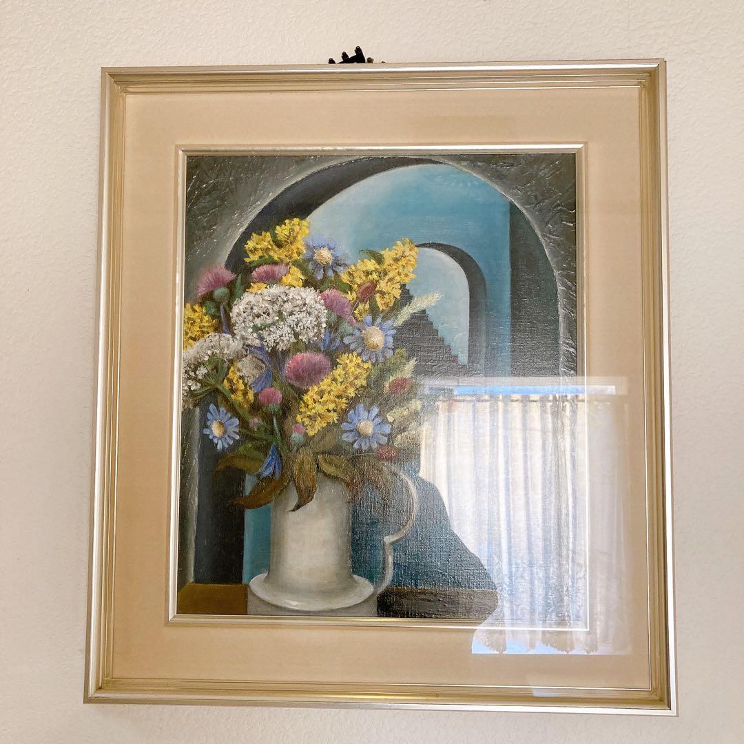 油絵　花　アンティーク　ヴィンテージ　油彩　インテリア　額縁　原画　一点物　作家