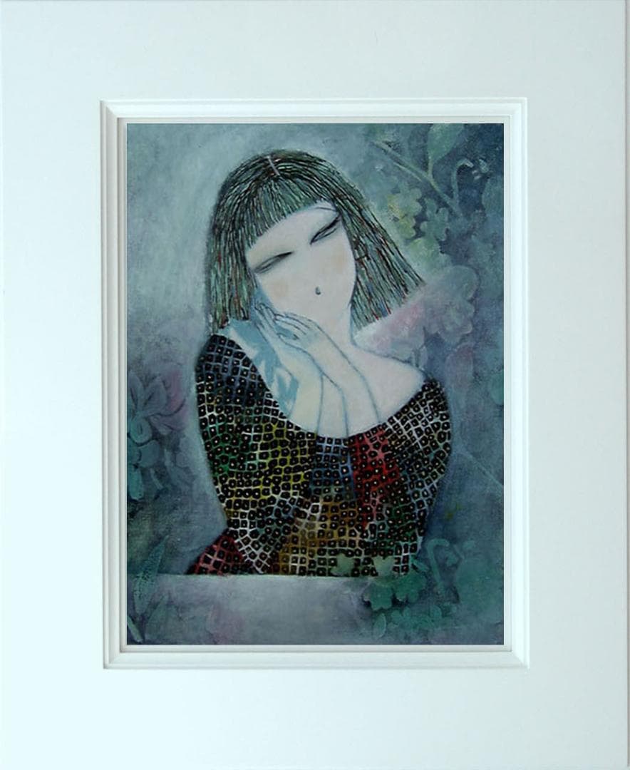 油絵 菅家令子 絵 絵画インテリア額付(青緑＋金色の枠) F6-72023 女性