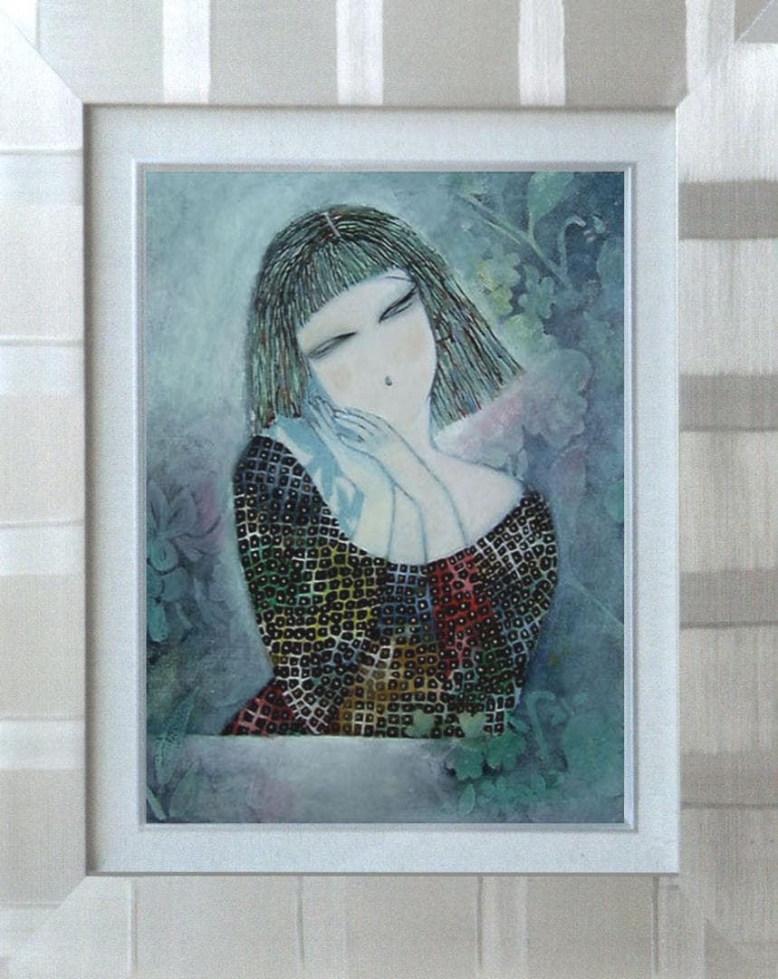 油絵 菅家令子 絵 絵画インテリア額付(青緑＋金色の枠) F6-72023 女性