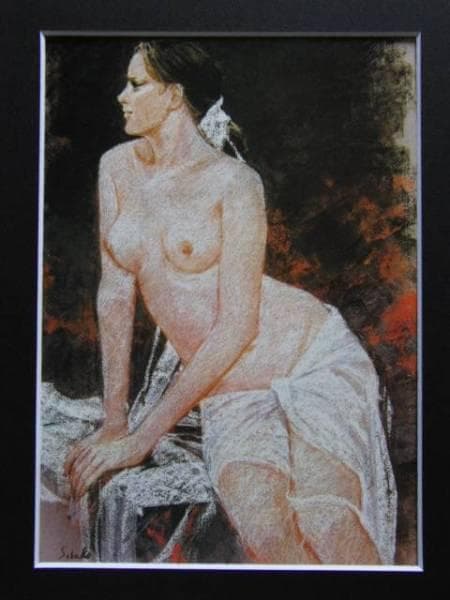 斎藤三郎、【横向き】、希少画集画、新品高級額・額装付、大判、状態良好