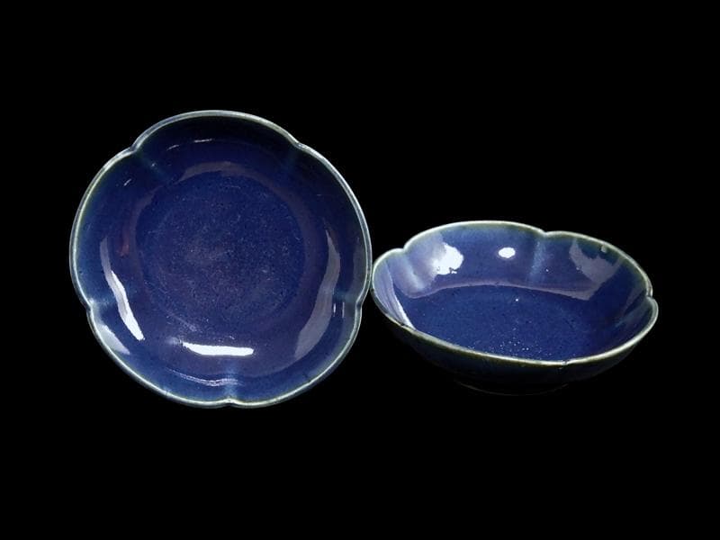 古伊万里　瑠璃　輪花小皿　３寸半皿　２枚　C734AS-DCg