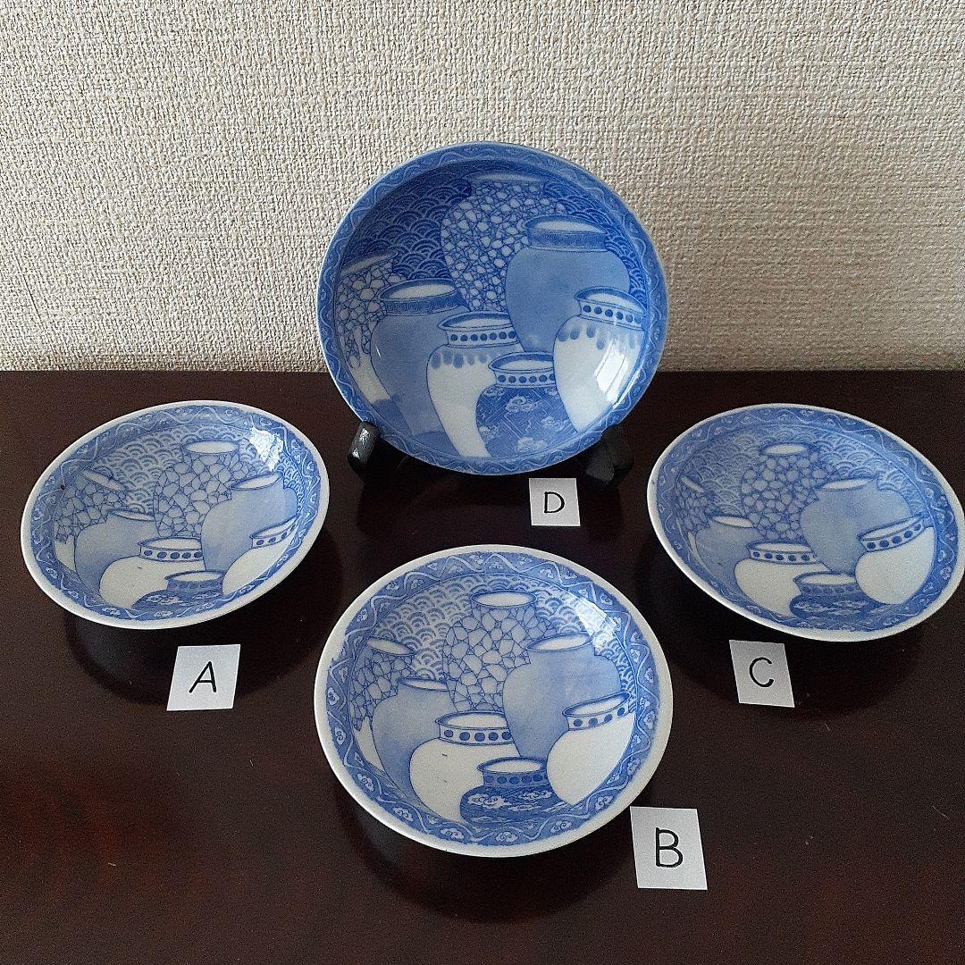 印判皿　小皿　鍋島写し　七壺文　上手　４枚＋おまけ　有名品　とろとろガラス