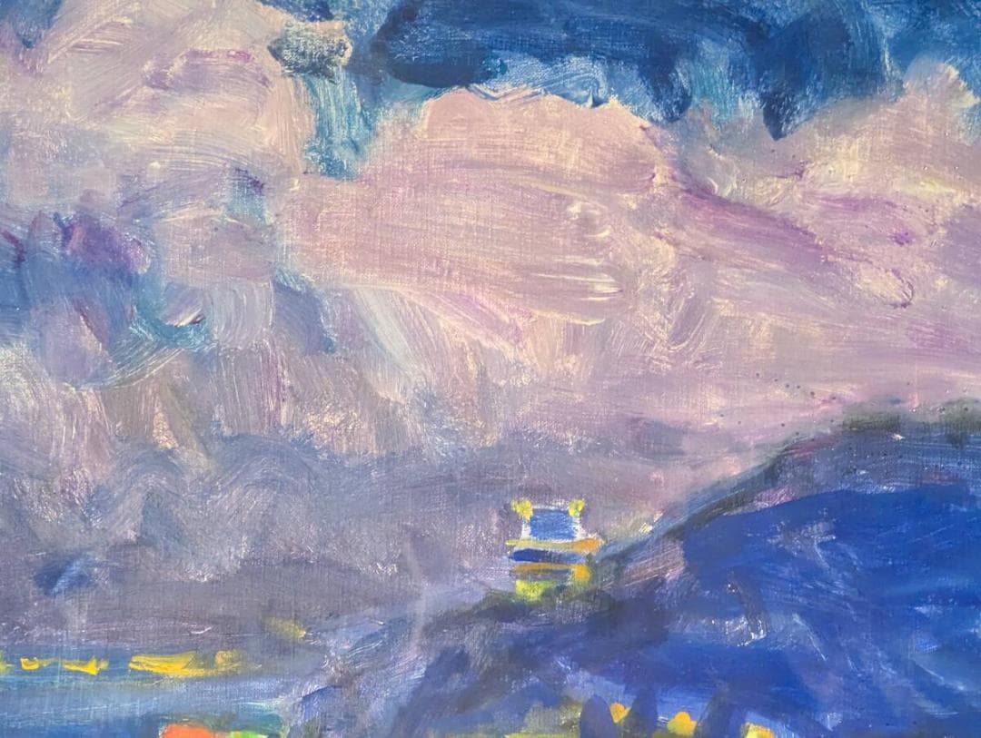 【真作】絵画　井手宣通　油彩6号　白い夜の雲　熱海にて　夜の港町　Z64