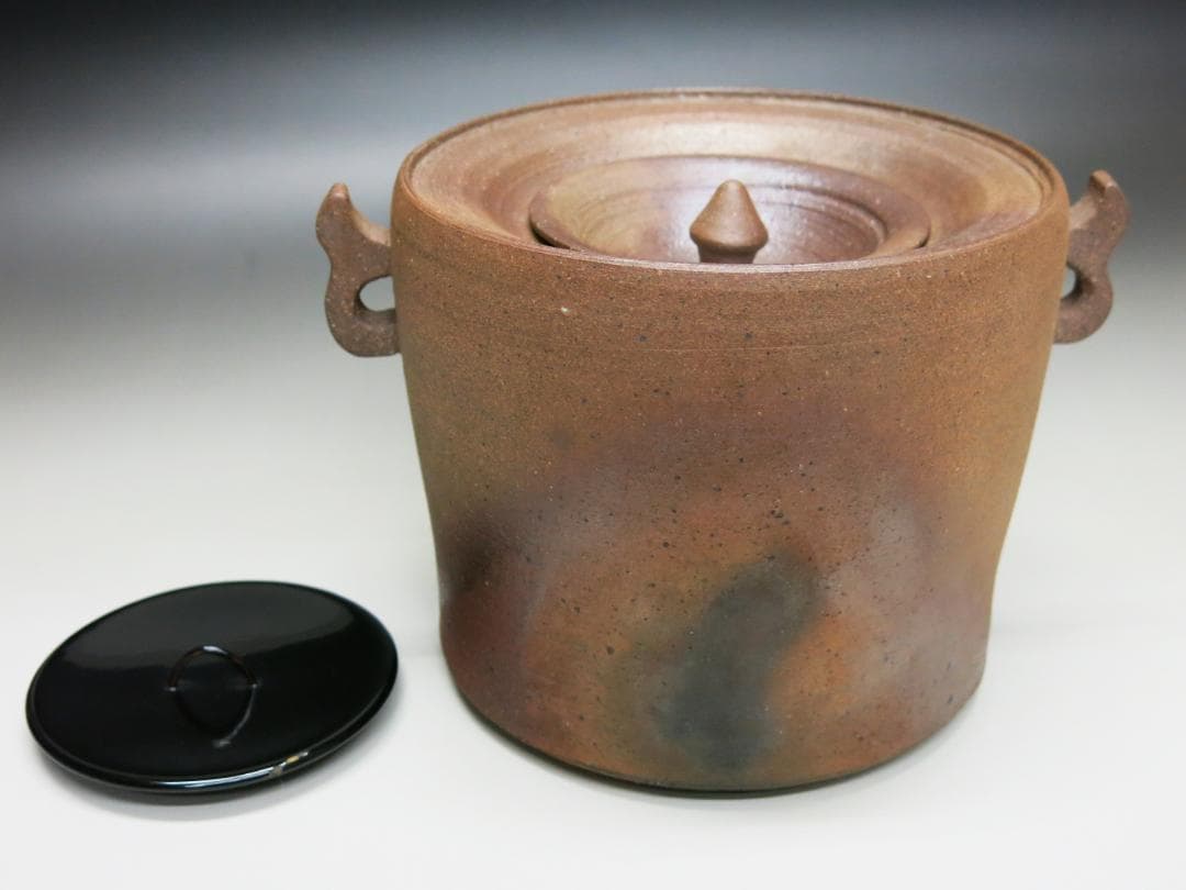 堀内宗完宗匠書付 堀野証嗣作「萬古やき南蛮写耳付水指」 共箱 茶道具 T-12