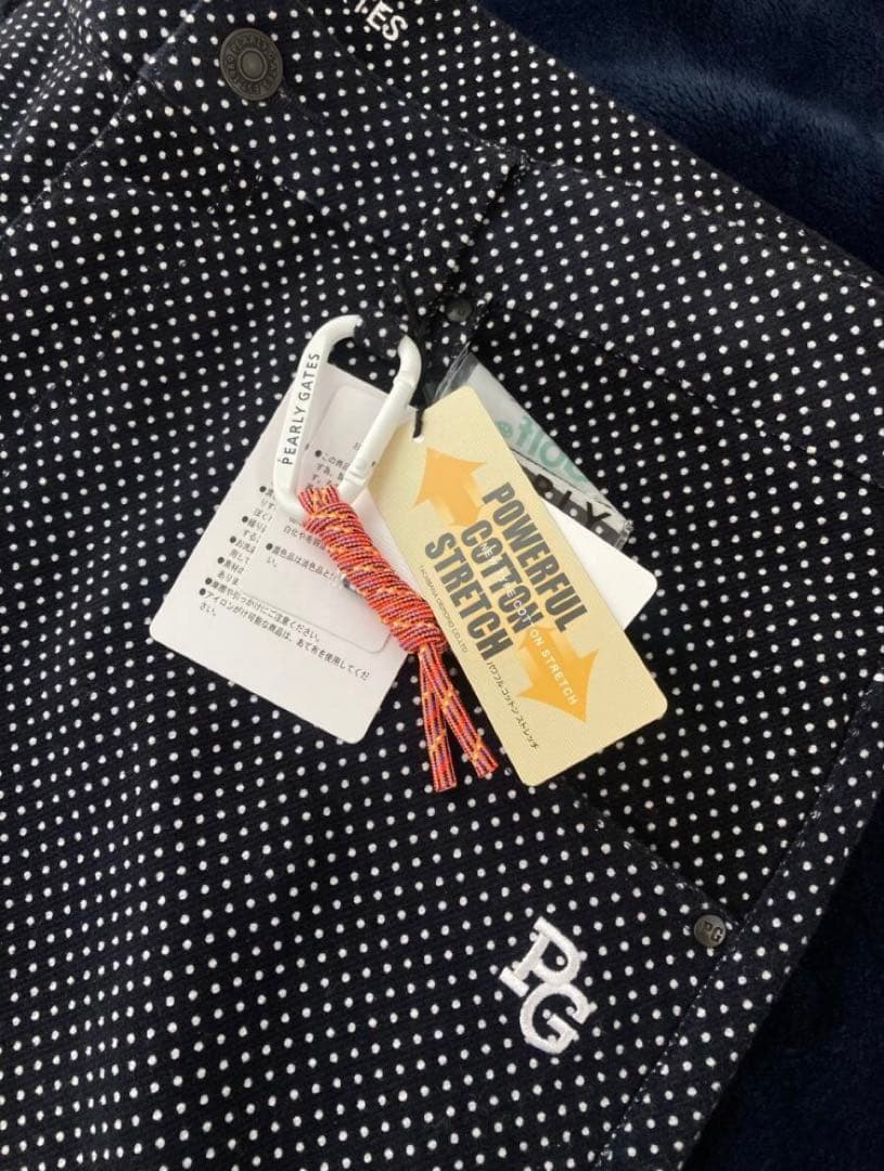 新品 パーリーゲイツ パワフルコットンストレッチ ドット柄 パンツ(5)L/黒