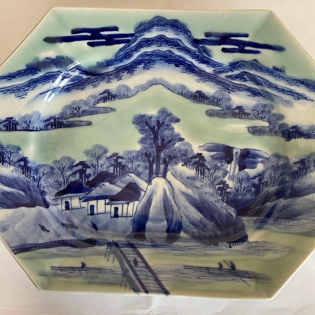 古伊万里　青磁染付山水文八角皿　江戸時代中期〜後期頃　名品