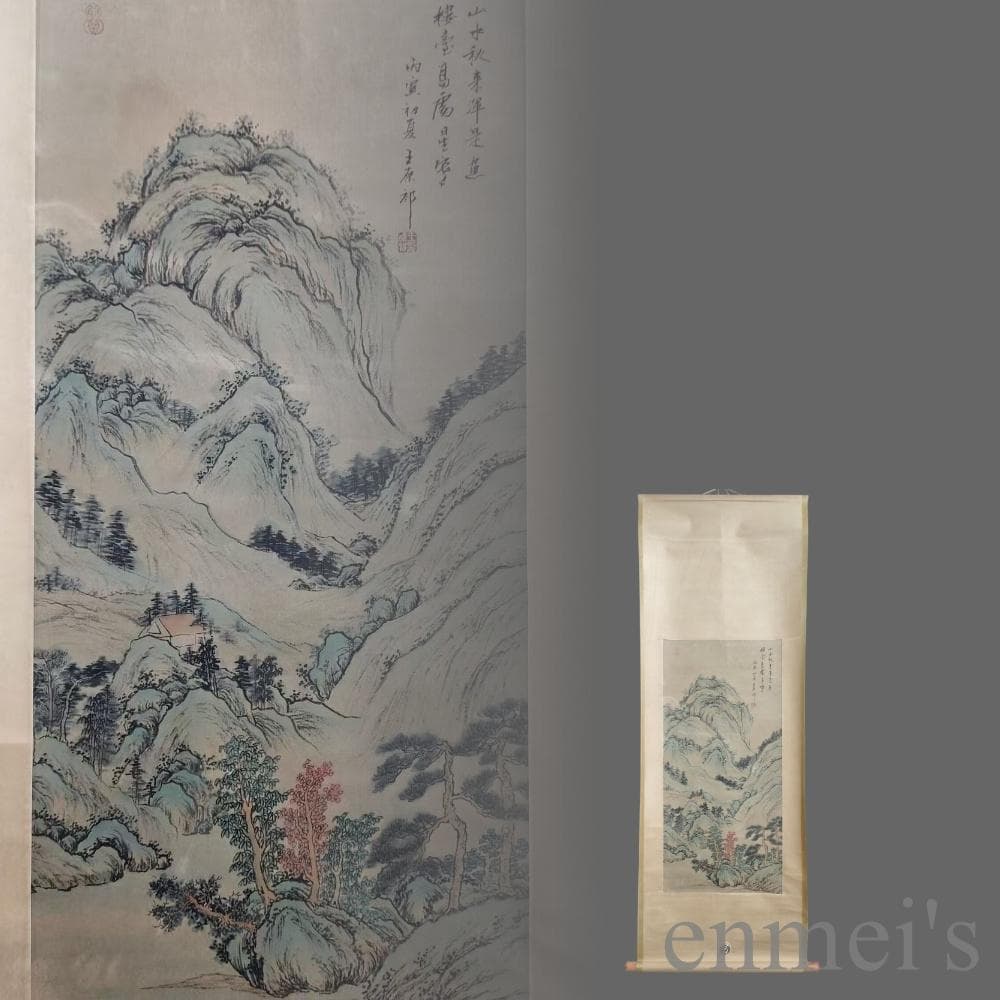中国古美術.王原祁款.山水図.宣紙画.三尺手描き.肉筆.掛け軸.水墨画.文房置物