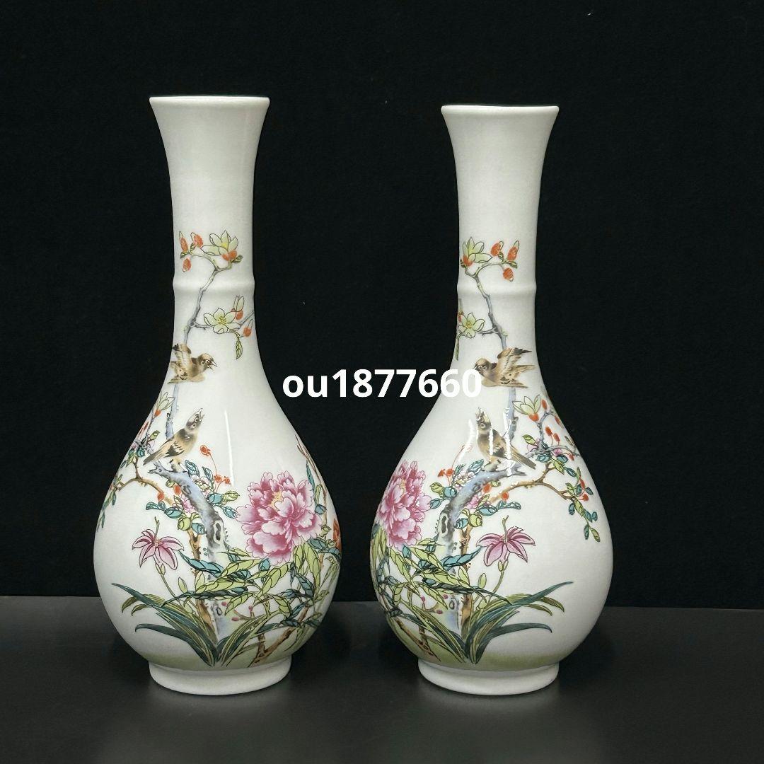 景徳鎮 陶器 粉彩花鳥紋玉壺春瓶 挿花器 装飾品 現代工芸品 美術品 置物
