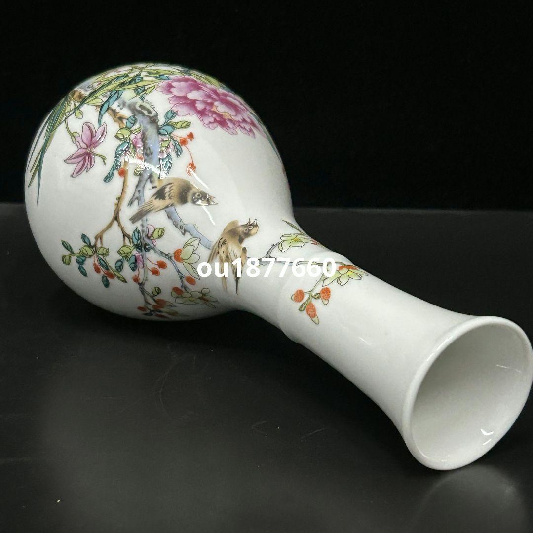 景徳鎮 陶器 粉彩花鳥紋玉壺春瓶 挿花器 装飾品 現代工芸品 美術品 置物