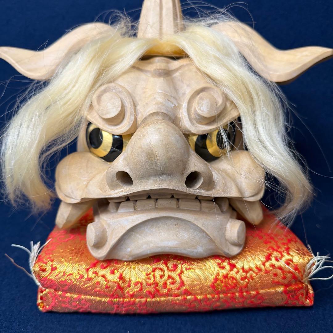 獅子頭 野村清宝 越中井波木彫 井波彫刻 伝統工芸士 座布団 共箱付