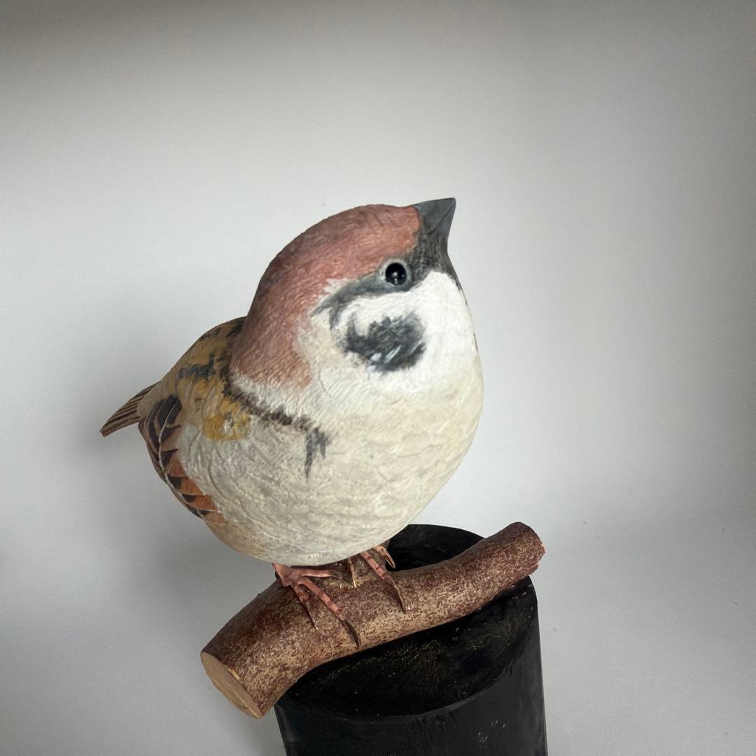 「スズメ」 バードカービング　野鳥彫刻 木彫りの野鳥 リアル野鳥