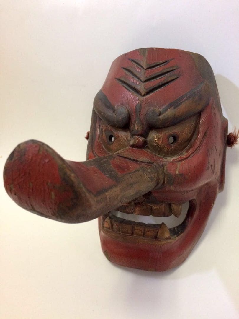 【江戸時代 天狗面】 木彫 猿田彦大神　魔除け　舞踏　神楽