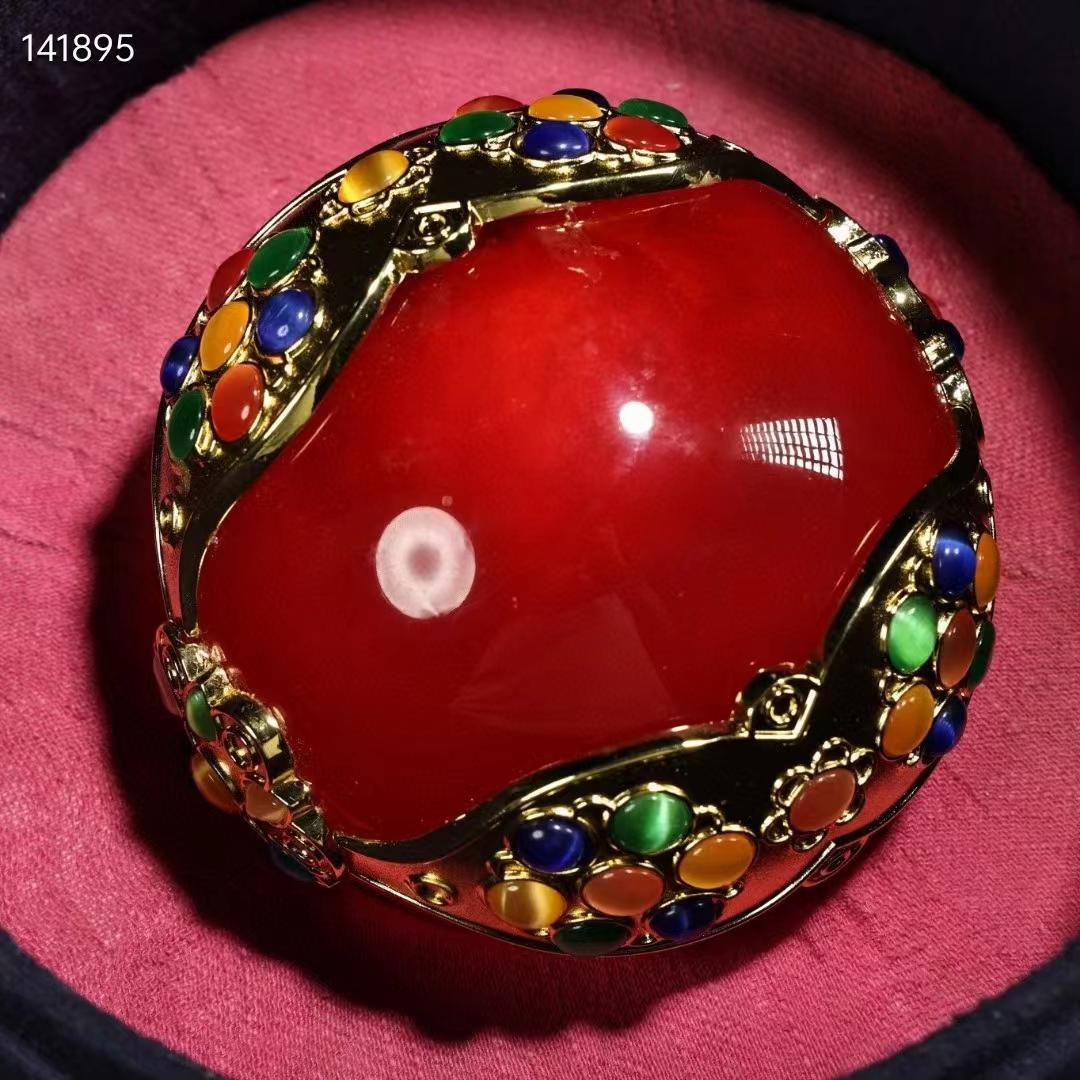 中国古美術・旧収蔵品・大猫眼石镶嵌宝石球・1.5kg・刺繍箱付・極細工・聚財置物