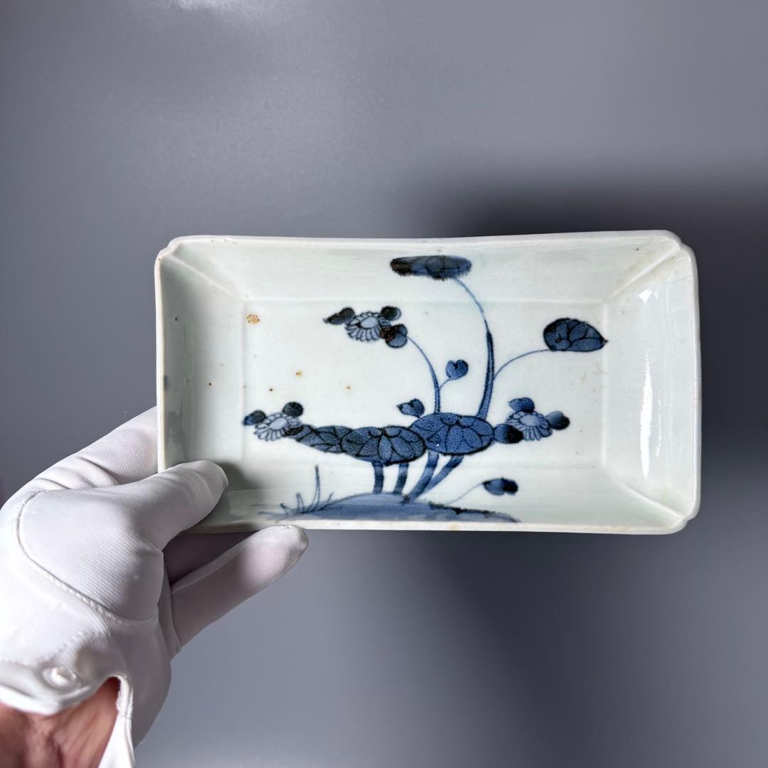 古伊万里　染付芙蓉文様長皿　五客　成化年製　江戸後期　料理屋　花草文様　裏文様有