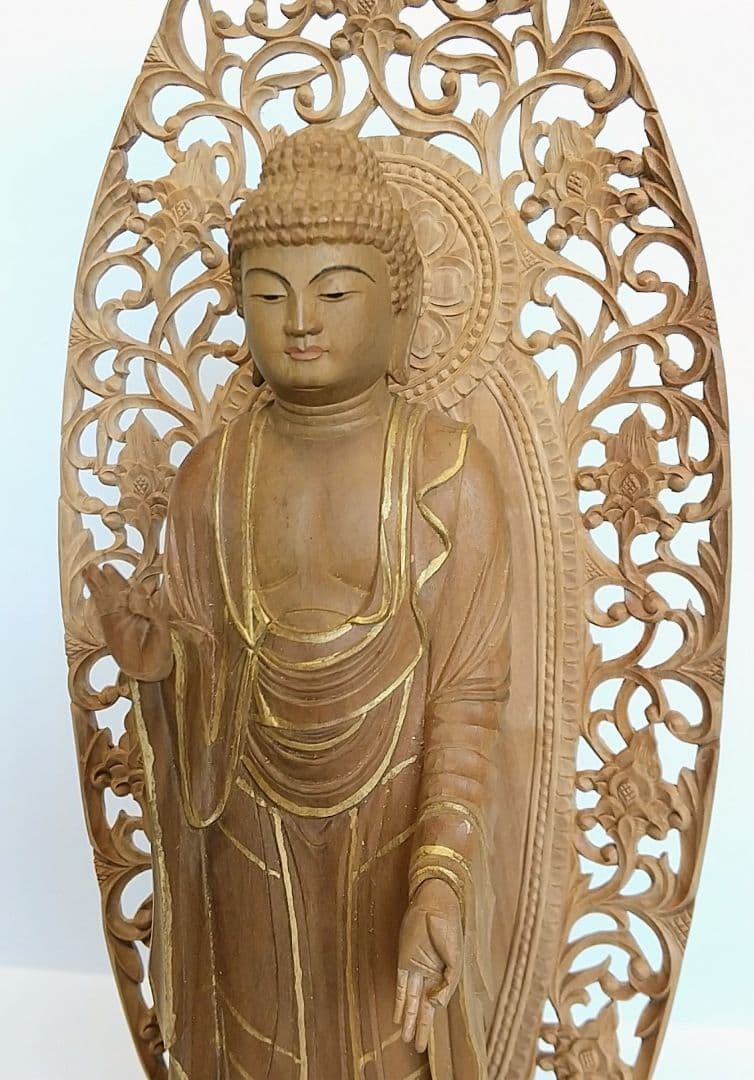 阿弥陀如来立像 5寸 #661 円台座 宝相華唐草 透彫り◆白檀 木彫 仏像